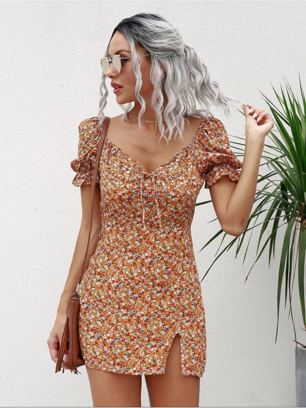 SHEIN Large 8/10 Ditzy Floral Flower Print Tie Front Orange Red Dress